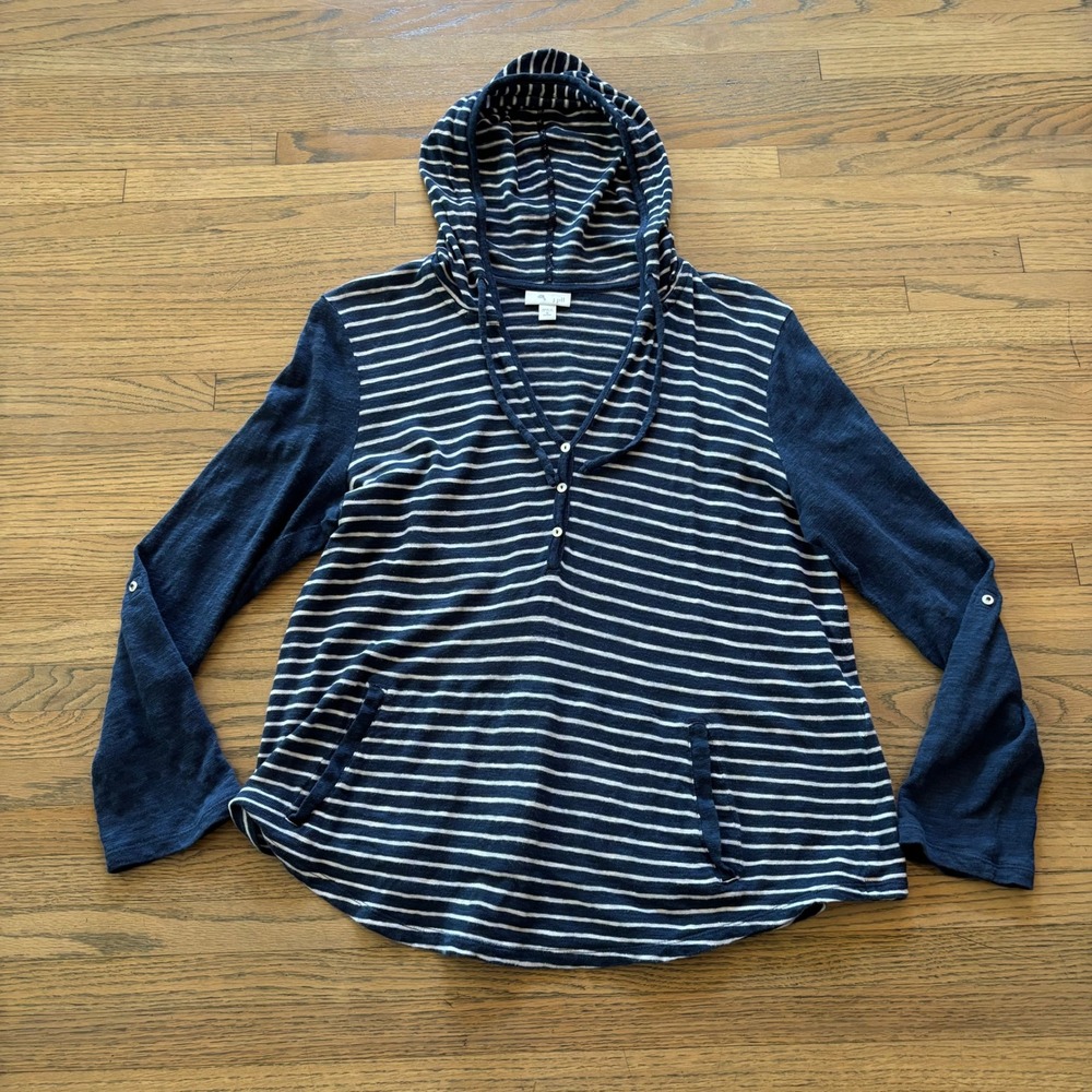 J. Jill Navy Blue White Striped Henley Hoodie Top Womens Medium Petite MP Pocket
